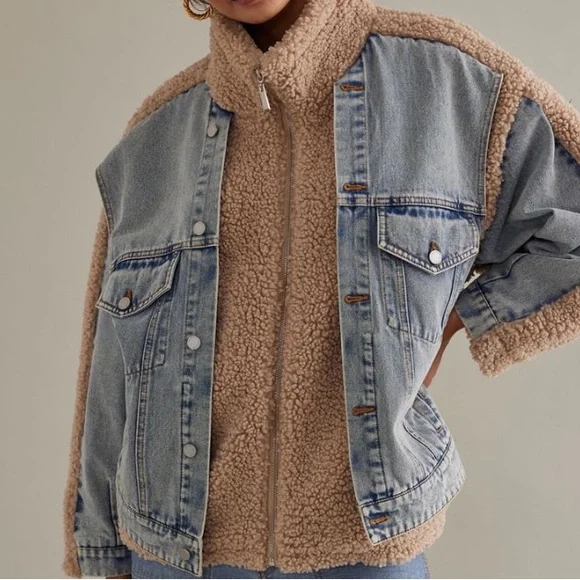 Anthropologie BLANKNYC fuzzy wuzzy Sherpa denim Jacket - Picture 2 of 15